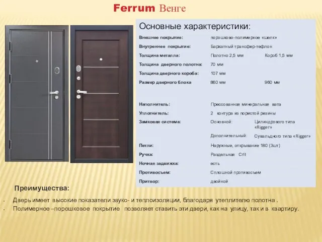 Преимущества: Дверь имеет высокие показатели звуко- и теплоизоляции, благодаря утеплителю полотна