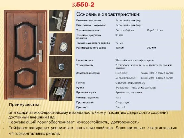 Преимущества: Благодаря атмосферостойкому и вандалостойкому покрытию дверь долго сохранит достойный внешний