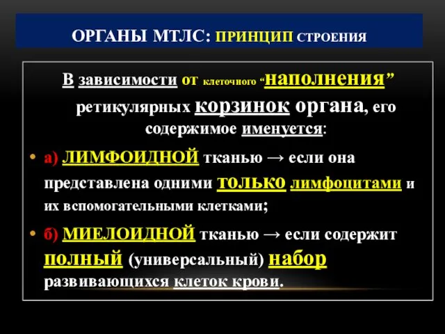 ОРГАНЫ МТЛС: ПРИНЦИП СТРОЕНИЯ В зависимости от клеточного “наполнения” ретикулярных корзинок