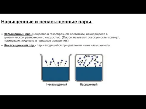 Насыщенные и ненасыщенные пары. Насыщенный пар- Вещество в газообразном состоянии, находящееся