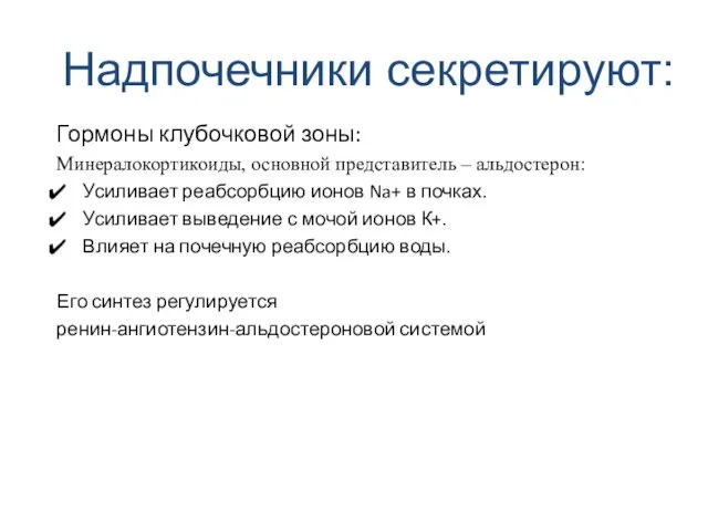 Гормоны клубочковой зоны: Минералокортикоиды, основной представитель – альдостерон: Усиливает реабсорбцию ионов