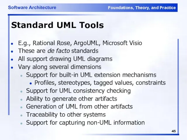 Standard UML Tools E.g., Rational Rose, ArgoUML, Microsoft Visio These are