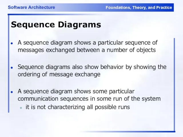 Sequence Diagrams A sequence diagram shows a particular sequence of messages