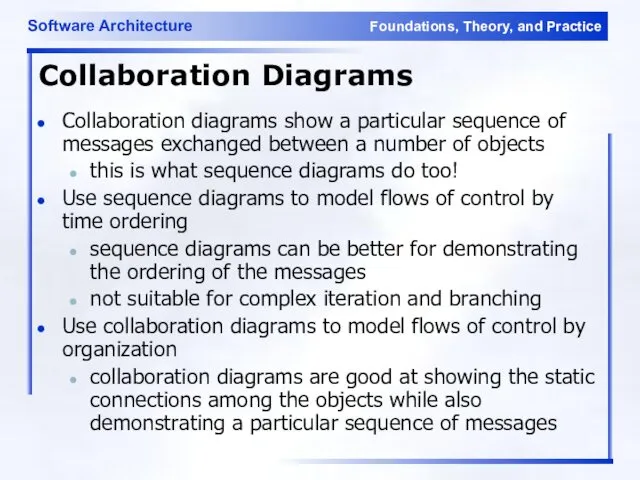 Collaboration Diagrams Collaboration diagrams show a particular sequence of messages exchanged