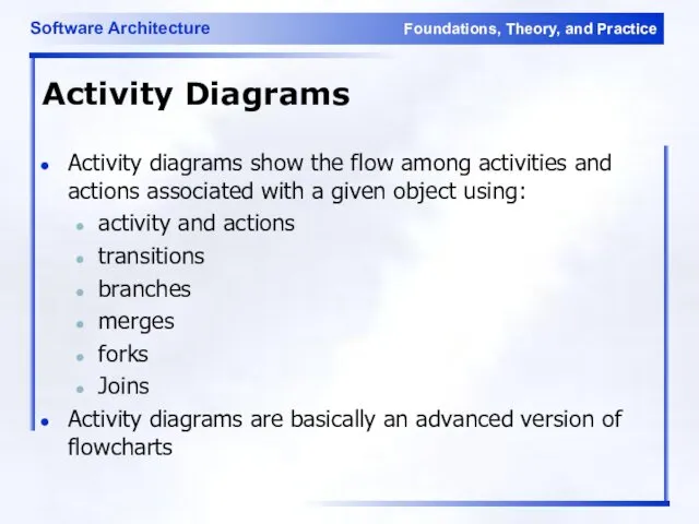 Activity Diagrams Activity diagrams show the flow among activities and actions