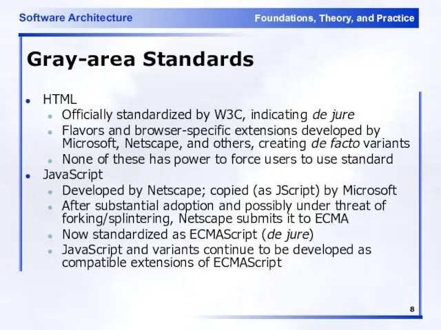 Gray-area Standards HTML Officially standardized by W3C, indicating de jure Flavors