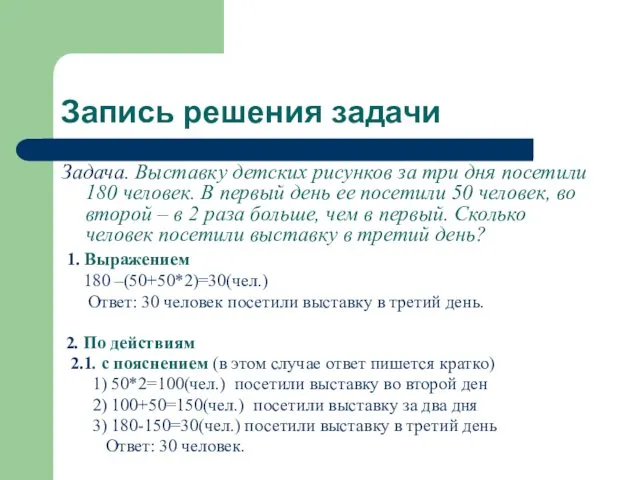 Запись решения задачи Задача. Выставку детских рисунков за три дня посетили