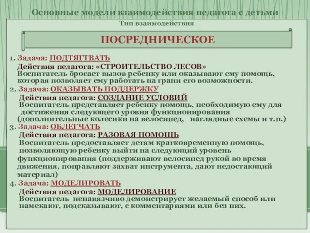 Тип взаимодействия 1. Задача: ПОДТЯГТВАТЬ Действия педагога: «СТРОИТЕЛЬСТВО ЛЕСОВ» Воспитатель бросает