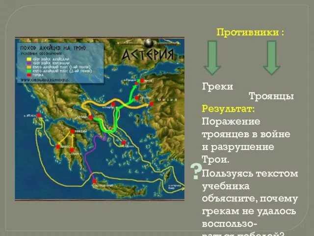 Противники : Греки Результат: Поражение троянцев в войне и разрушение Трои.