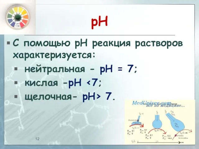 рН С помощью рН реакция растворов характеризуется: нейтральная - рН =