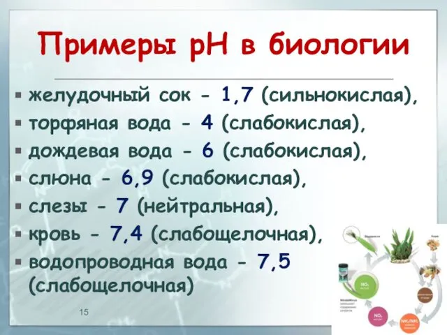 Примеры рН в биологии желудочный сок - 1,7 (сильнокислая), торфяная вода