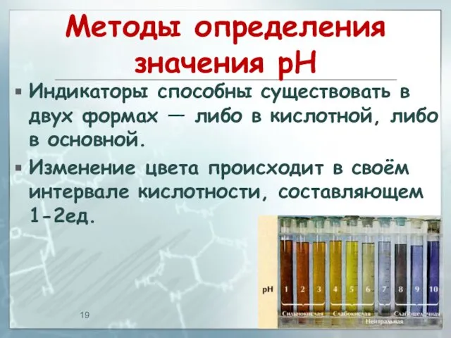 Методы определения значения pH Индикаторы способны существовать в двух формах —