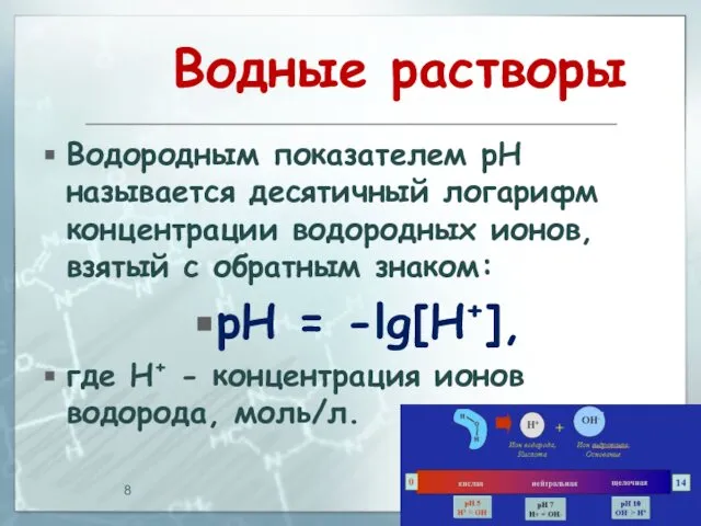 Водные растворы Водородным показателем рН называется десятичный логарифм концентрации водородных ионов,