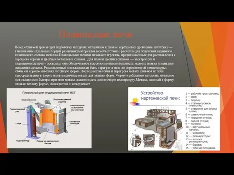 Плавильные печи Перед отливкой производят подготовку исходных материалов к плавке: сортировку,