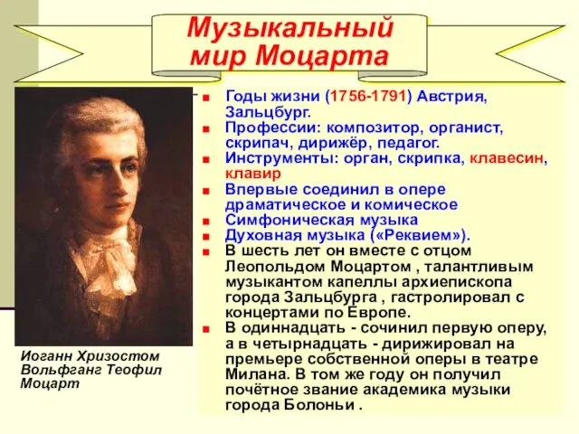 Музыкальный мир Моцарта Годы жизни (1756-1791) Австрия, Зальцбург. Профессии: композитор, органист,