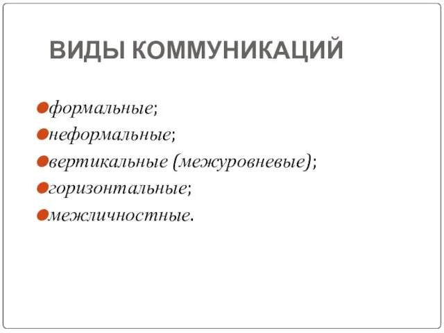 ВИДЫ КОММУНИКАЦИЙ формальные; неформальные; вертикальные (межуровневые); горизонтальные; межличностные.