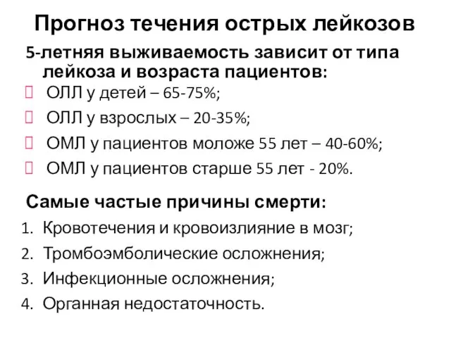 5-летняя выживаемость зависит от типа лейкоза и возраста пациентов: ОЛЛ у