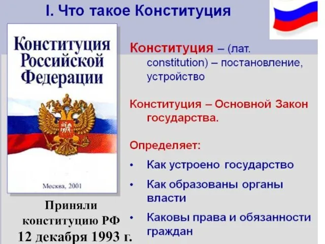 Приняли конституцию РФ 12 декабря 1993 г.