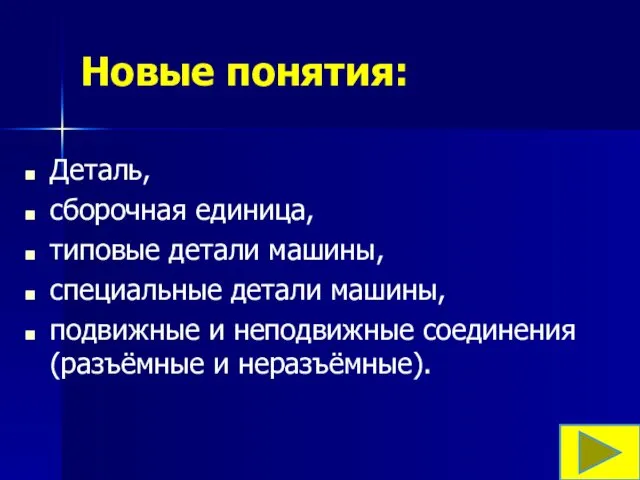 Новые понятия: Деталь, сборочная единица, типовые детали машины, специальные детали машины,