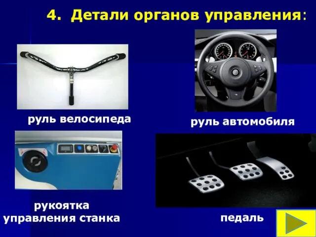 4. Детали органов управления: руль велосипеда руль автомобиля рукоятка управления станка педаль