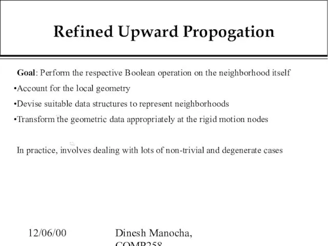12/06/00 Dinesh Manocha, COMP258 Refined Upward Propogation Goal: Perform the respective