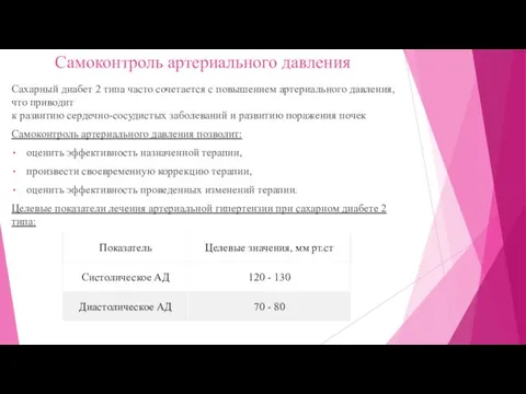 Самоконтроль артериального давления Сахарный диабет 2 типа часто сочетается с повышением