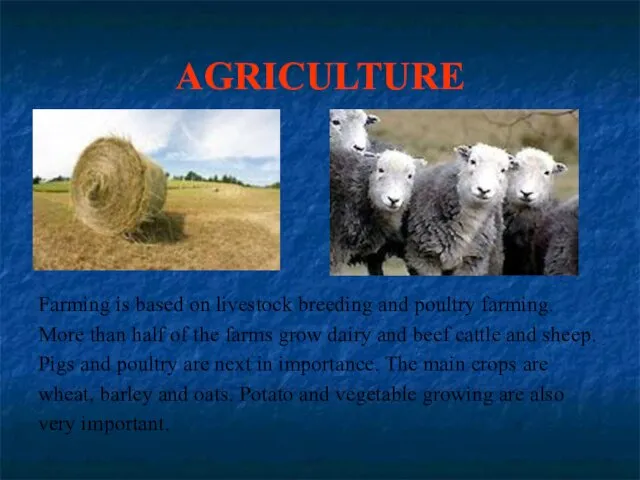 AGRICULTURE Farming is based on livestock breeding and poultry farming. More