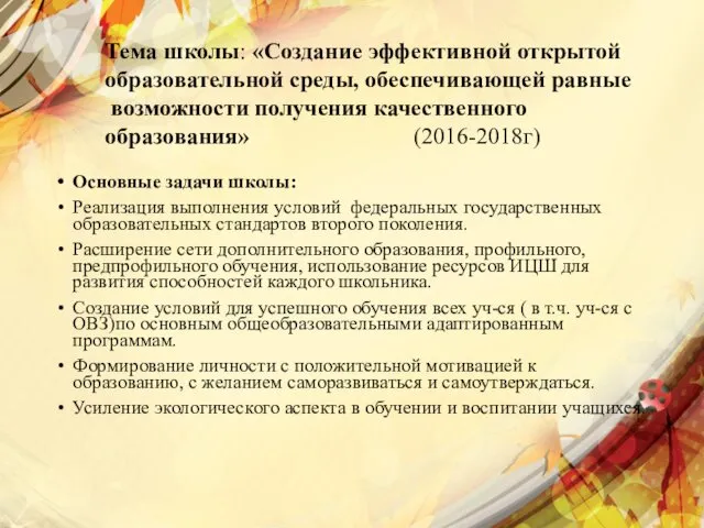 Тема школы: «Создание эффективной открытой образовательной среды, обеспечивающей равные возможности получения