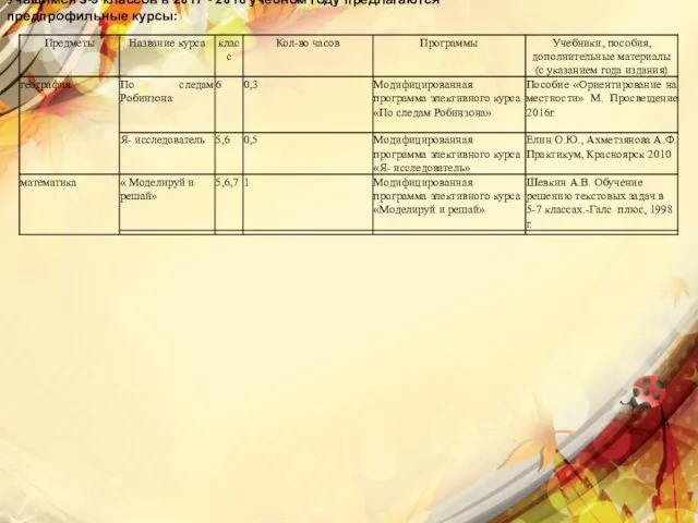 Учащимся 5-9 классов в 2017 - 2018 учебном году предлагаются предпрофильные курсы: