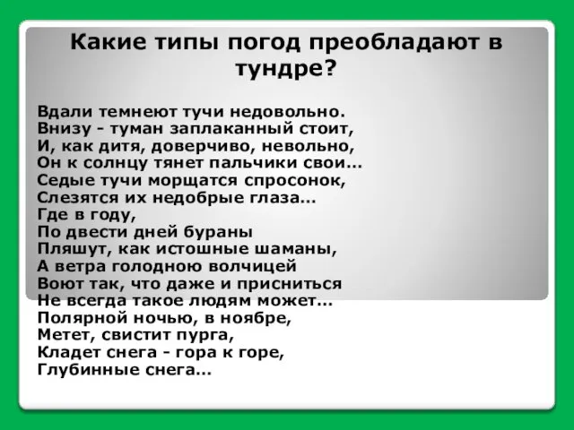 Какие типы погод преобладают в тундре? Вдали темнеют тучи недовольно. Внизу