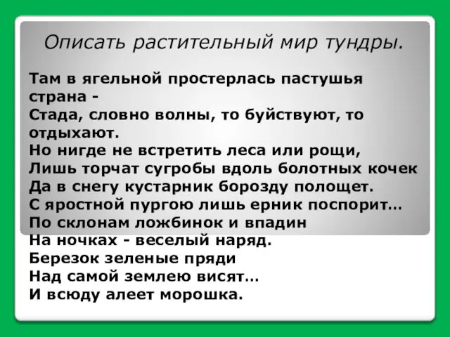 Описать растительный мир тундры. Там в ягельной простерлась пастушья страна -