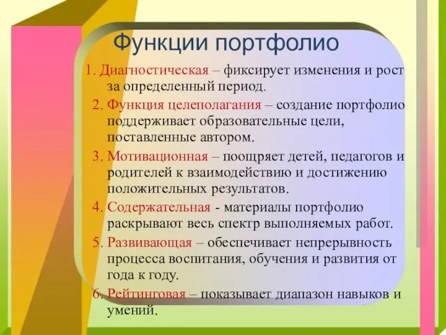 Функции портфолио 1. Диагностическая – фиксирует изменения и рост за определенный