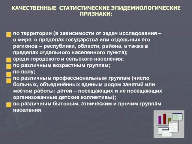 КАЧЕСТВЕННЫЕ СТАТИСТИЧЕСКИЕ ЭПИДЕМИОЛОГИЧЕСКИЕ ПРИЗНАКИ: по территории (в зависимости от задач исследования