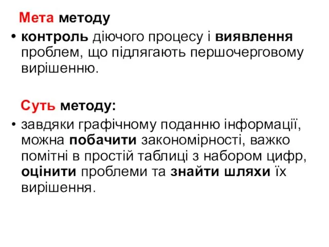 Мета методу контроль діючого процесу і виявлення проблем, що підлягають першочерговому