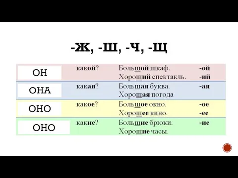 -Ж, -Ш, -Ч, -Щ ОН ОНА ОНО ОНО