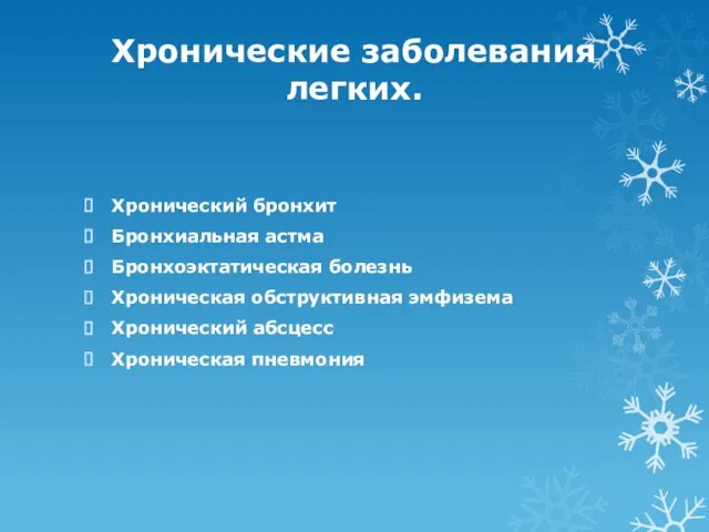 Хронические заболевания легких. Хронический бронхит Бронхиальная астма Бронхоэктатическая болезнь Хроническая обструктивная эмфизема Хронический абсцесс Хроническая пневмония