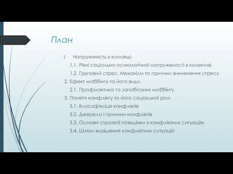 План Напруженість в команді 1.1. Рівні соціально-психологічної напруженості в колективі 1.2.