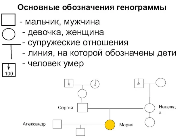 Основные обозначения генограммы - мальчик, мужчина - девочка, женщина - супружеские