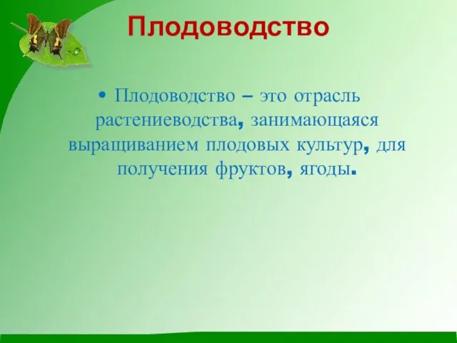 Плодоводство Плодоводство – это отрасль растениеводства, занимающаяся выращиванием плодовых культур, для получения фруктов, ягоды.