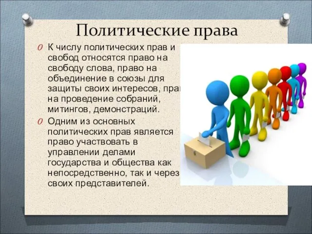 Политические права К числу политических прав и свобод относятся право на