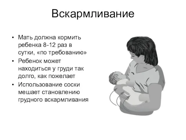 Вскармливание Мать должна кормить ребенка 8-12 раз в сутки, «по требованию»