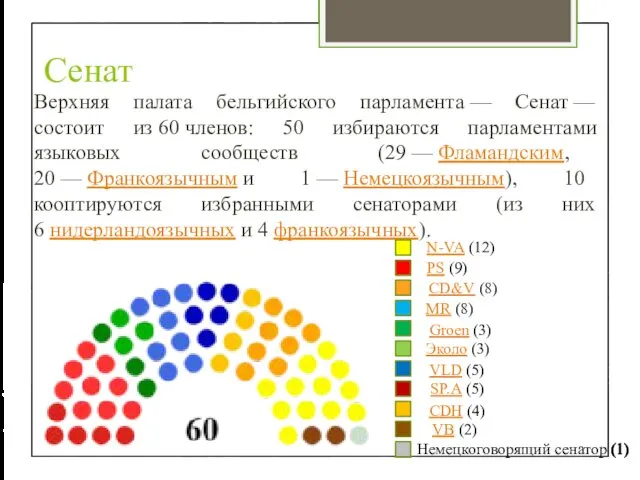 Сенат Верхняя палата бельгийского парламента — Сенат — состоит из 60