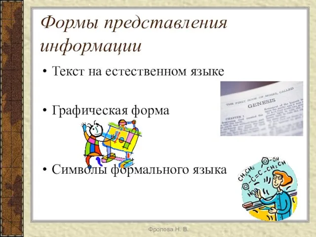 Формы представления информации Текст на естественном языке Графическая форма Символы формального языка Фролова Н. В.