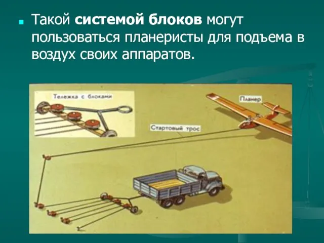 Такой системой блоков могут пользоваться планеристы для подъема в воздух своих аппаратов.