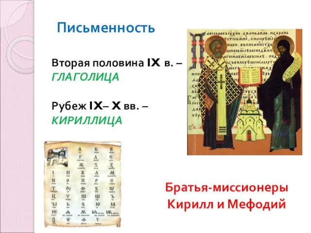 Письменность Братья-миссионеры Кирилл и Мефодий Вторая половина IX в. – ГЛАГОЛИЦА