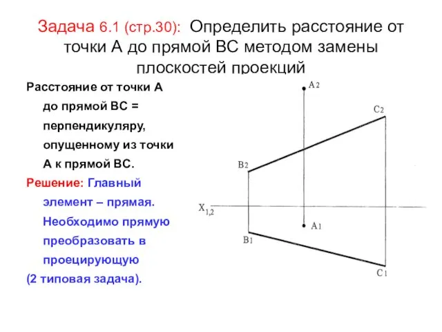 Задача 6.1 (стр.30): Определить расстояние от точки А до прямой ВС