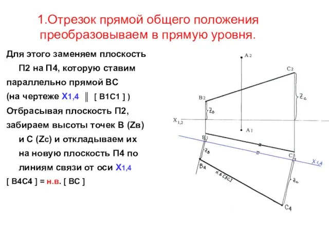 1.Отрезок прямой общего положения преобразовываем в прямую уровня. Для этого заменяем