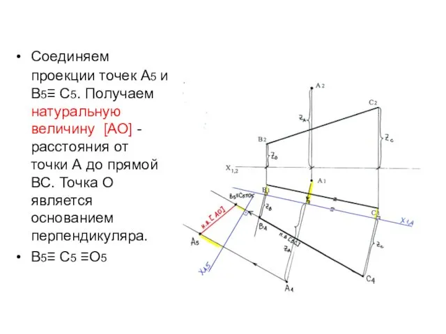 Соединяем проекции точек А5 и В5≡ С5. Получаем натуральную величину [АО]