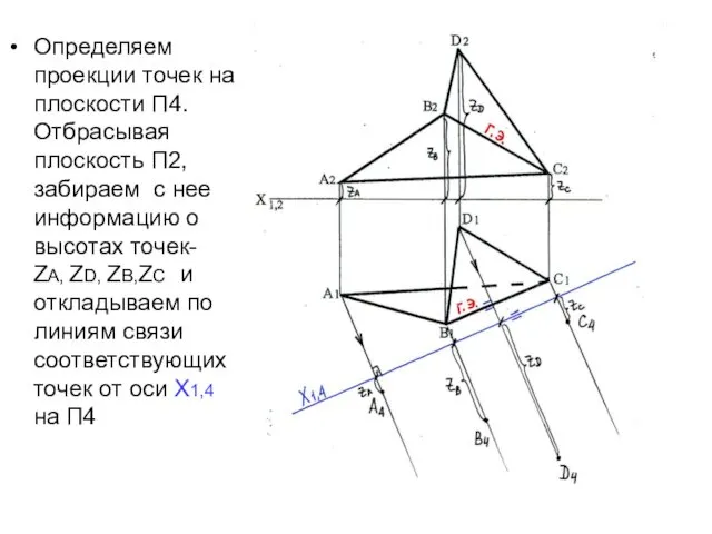 Определяем проекции точек на плоскости П4. Отбрасывая плоскость П2, забираем с