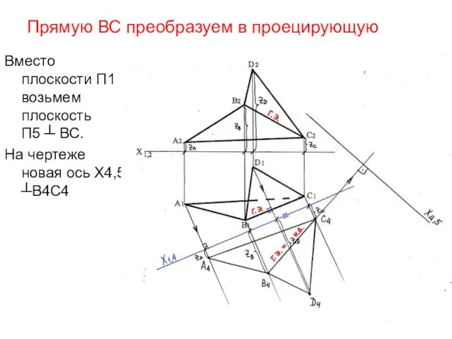 Прямую ВС преобразуем в проецирующую Вместо плоскости П1 возьмем плоскость П5